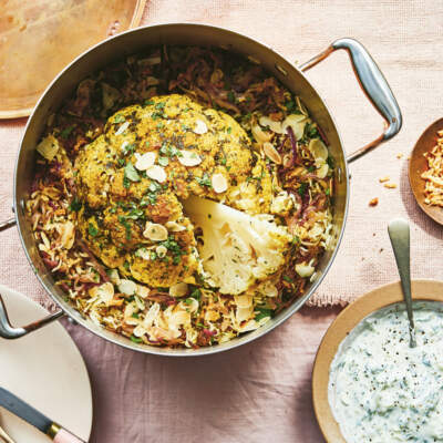 Baked cauliflower pilaf with cucumber and mint raita