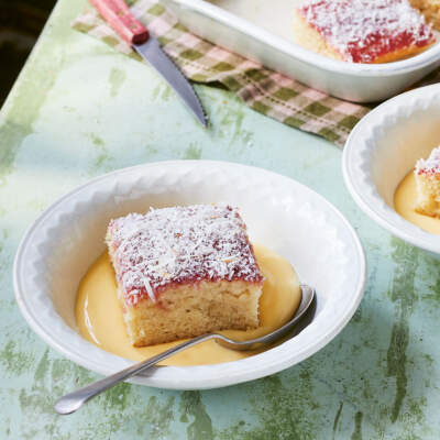 Vegan jam and coconut sponge pudding