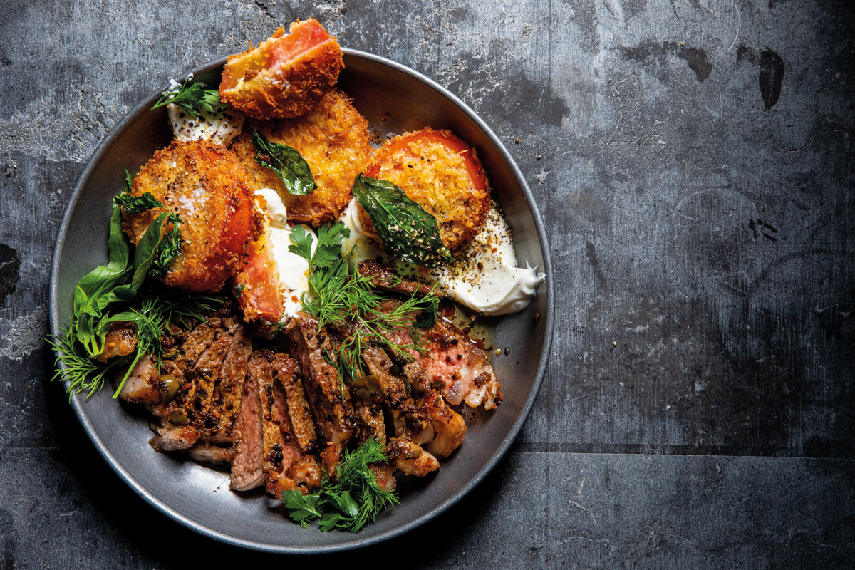 Crunchy fried tomatoes with chilli steak and labneh