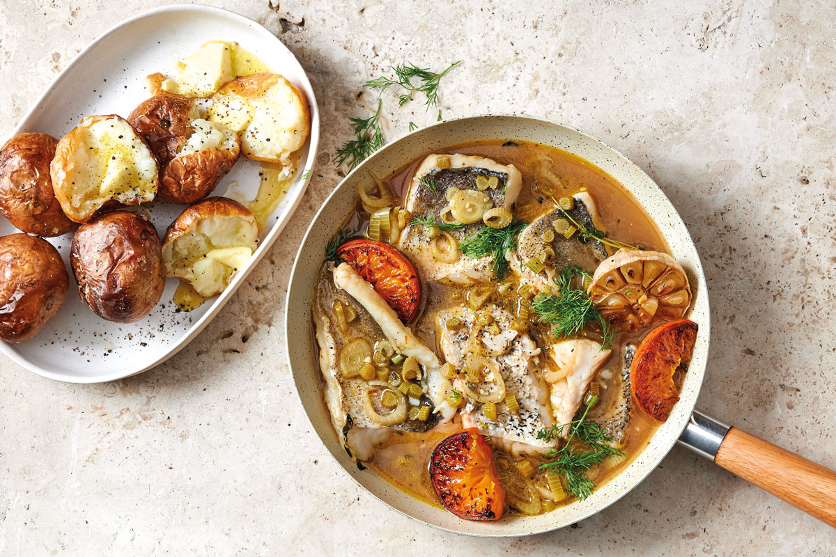 Poached fish with crispy jacket potatoes