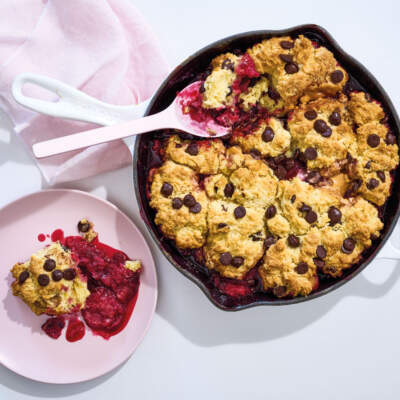 Plum, marshmallow and chocolate cobbler