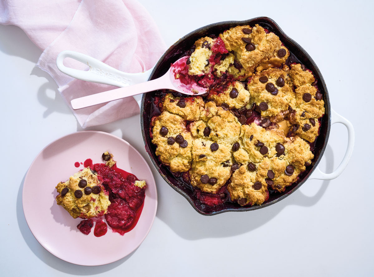 Plum, marshmallow and chocolate cobbler