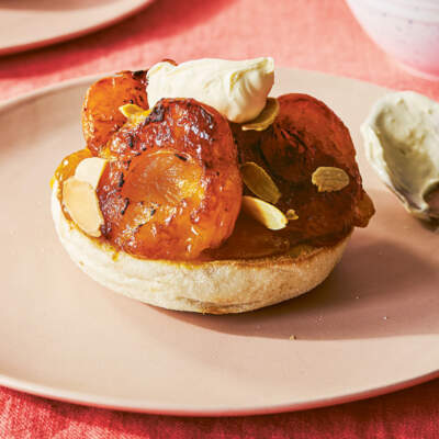 Apricots, almonds & clotted cream on an English muffin