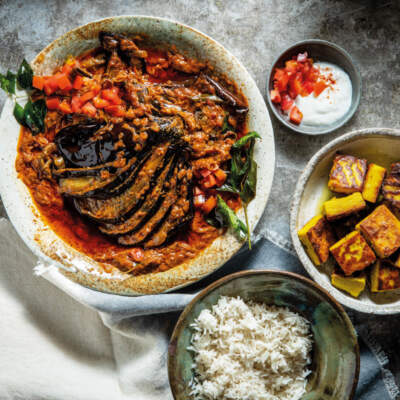 Brinjal curry with chickpea dumplings