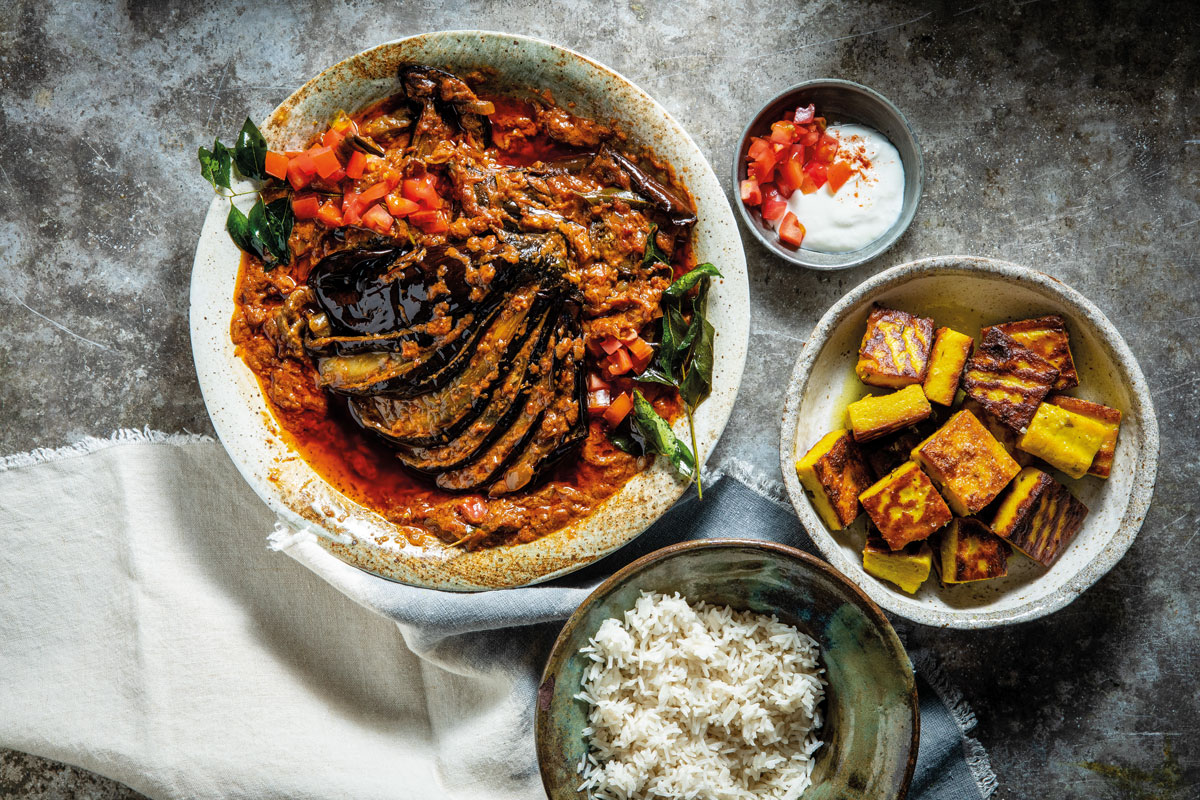 Brinjal curry with chickpea dumplings