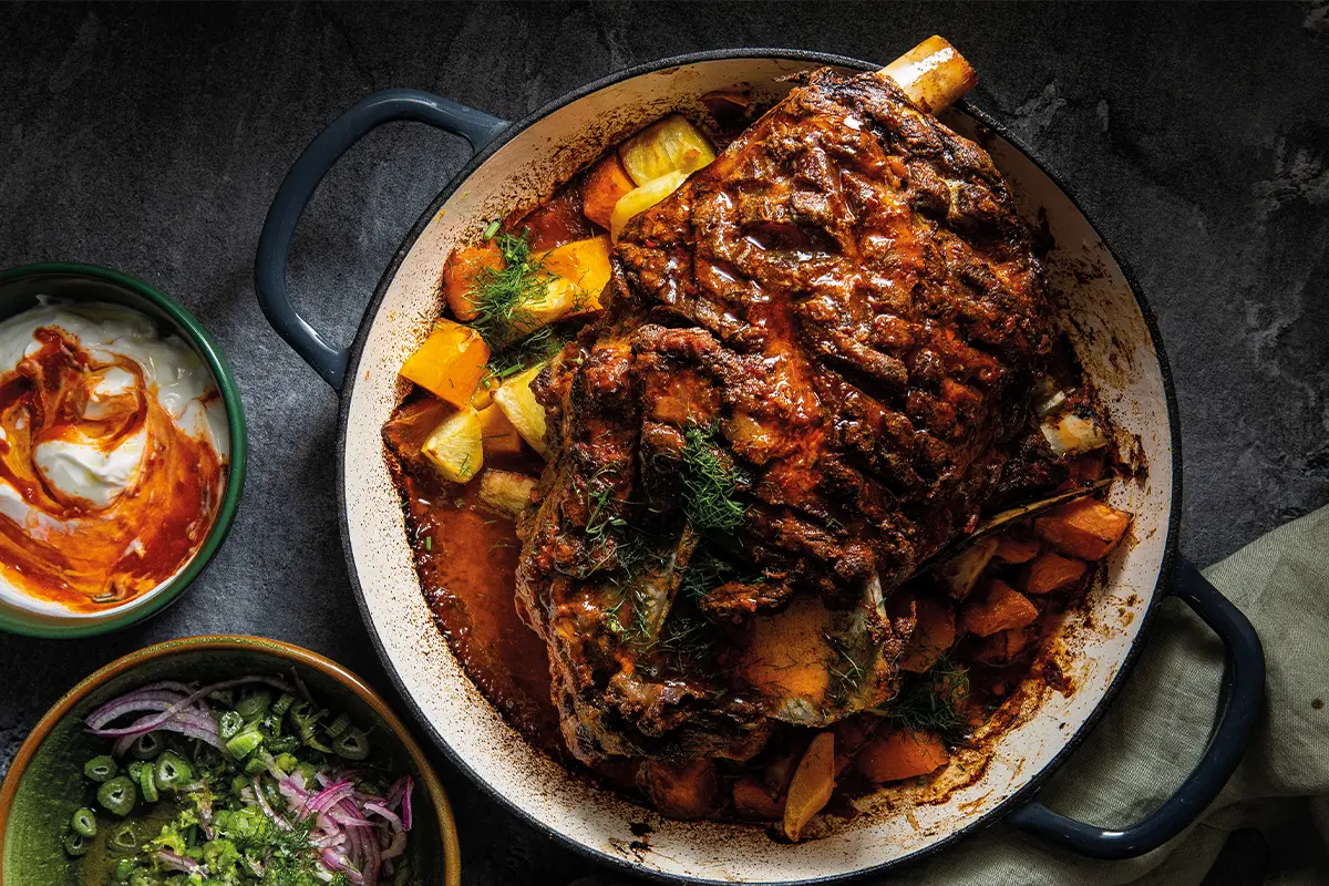 Harissa yoghurt slow-roasted lamb shoulder