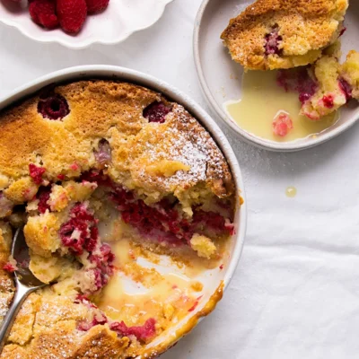 White chocolate-and-raspberry self-saucing pudding