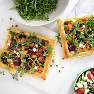 Roasted butternut and beetroot tart