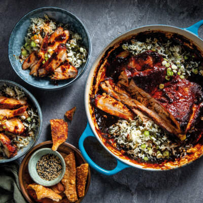 Roast pork belly with wakame seaweed rice