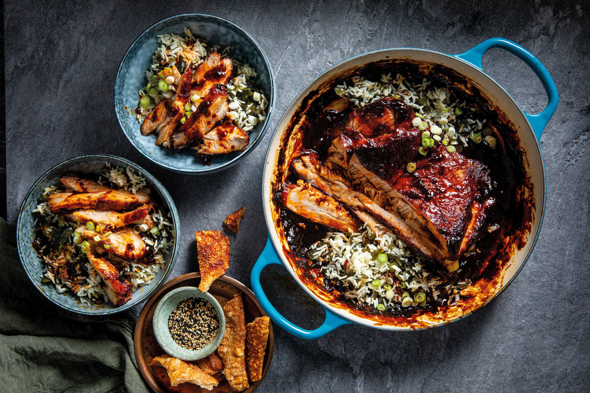 Roast pork belly with wakame seaweed rice