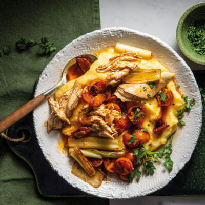 Shredded chicken over soft polenta