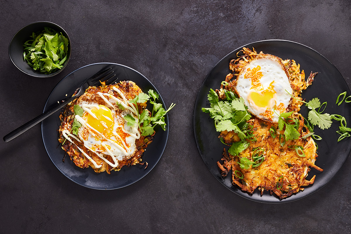 Spicy cabbage hash browns & crispy fried eggs