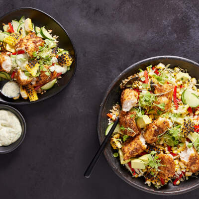 Spicy hake Tex Mex rice salad