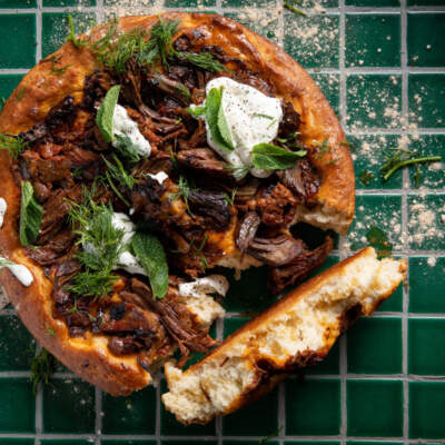 Thick-crust lamb pizza