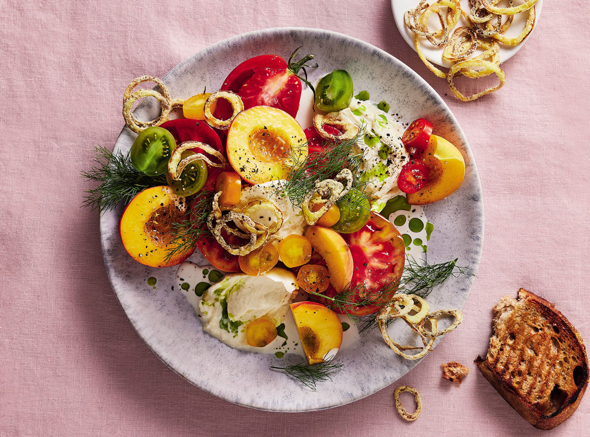 JUICY PEACH-AND-TOMATO SALAD WITH CRISPY ONIONS