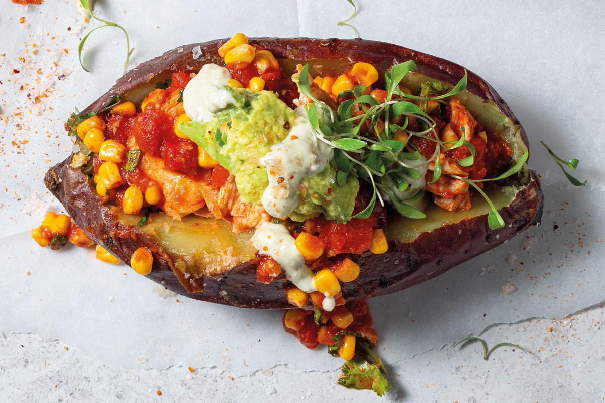 LOADED TEX-MEX SWEET POTATOES WITH GUACAMOLE