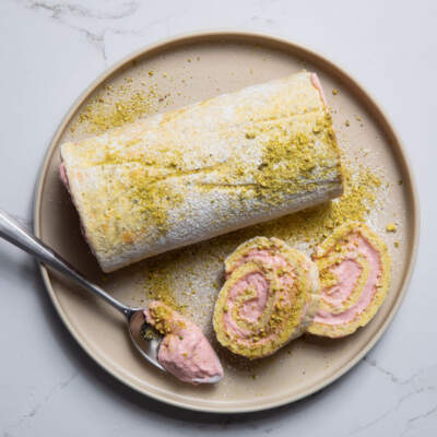 Pistachio-and-strawberry roll cake