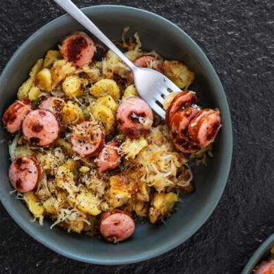 Sauerkraut spätzle with bockwurst