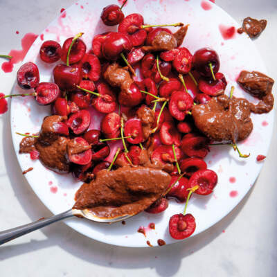 Cherries with coconut Chuckles chocolate sauce