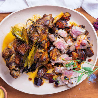 Leg of lamb with harissa brinjals