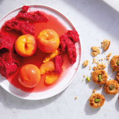 Raspberry peach melba sundae