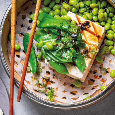 Steamed tofu with black garlic vinaigrette