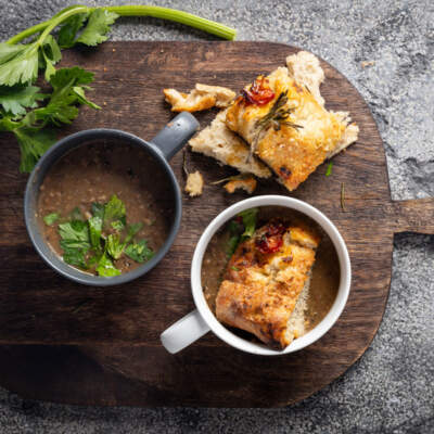 Beef-and-lentil soup with easy focaccia