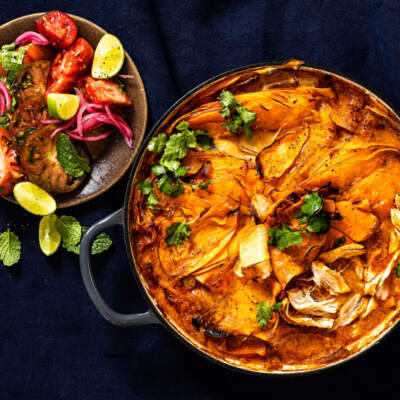 Peri-peri chicken pie with tomato salad