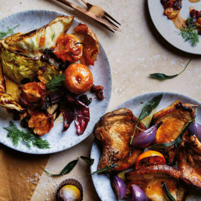 Pork chops with roasted cabbage and apples