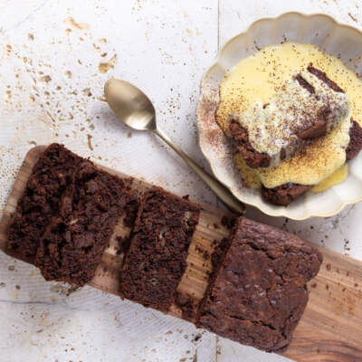 Chocolate banana bread and custard