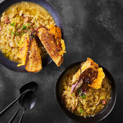 Classic Italian cabbage-and-rice soup with toasted cheese