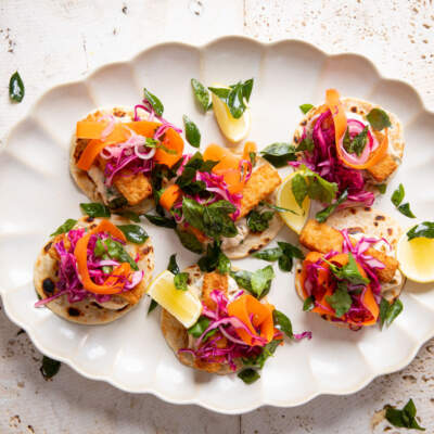 Fish-finger rotis with quick-pickled veggies