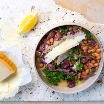 Borlotti beans with anchovies, olives and Parmesan
