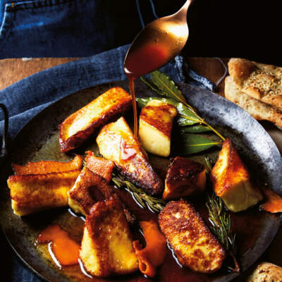 Fried halloumi with ClemenGold-and-date syrup