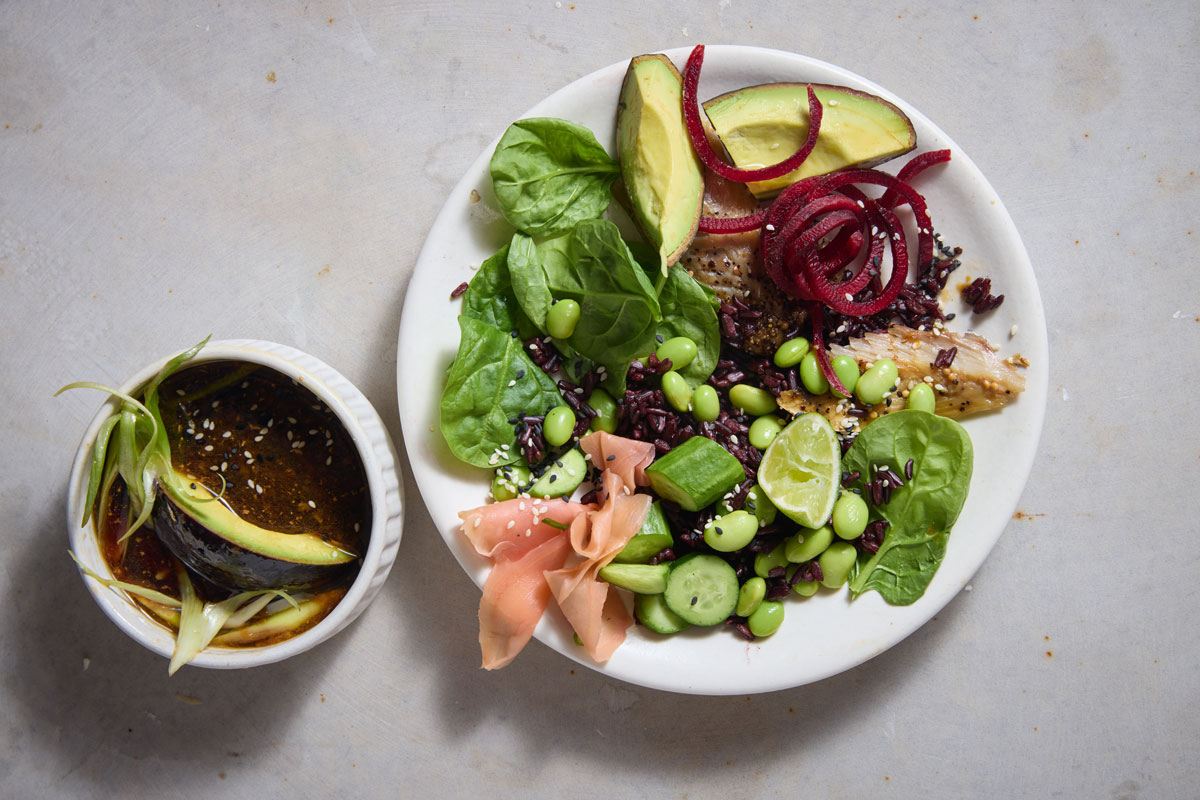 Smoked mackerel poke bowl with cucumber, beetroot and Thai black rice