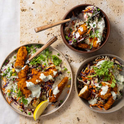 Super-fast crispy chicken-and-rice bowls