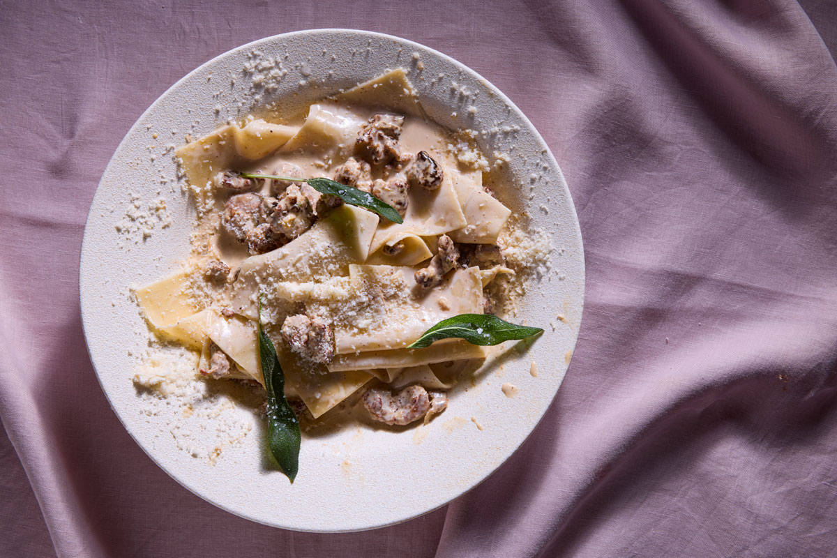 Duck sausage handkerchief pasta