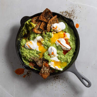 Green shakshuka with za’atar pita chips