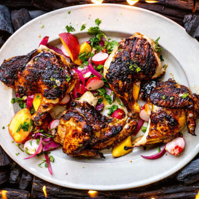 Moroccan chicken under a brick