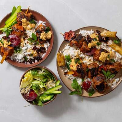Ostrich steak skewers with satay sauce