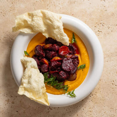 Beetroot vindaloo with butternut purée