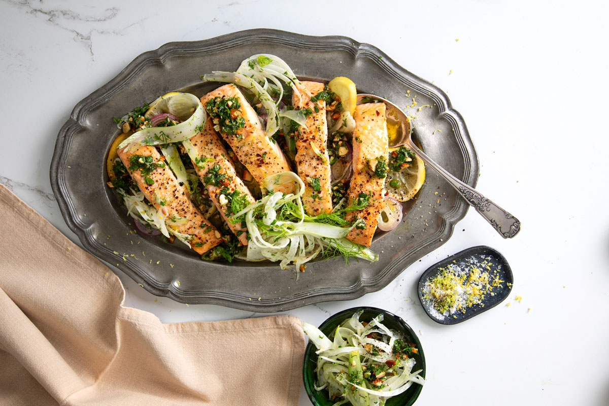 Citrus salmon with dill gremolata