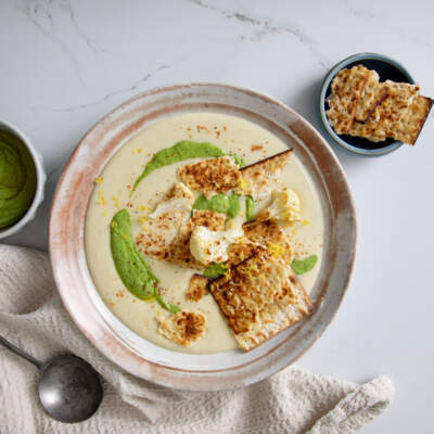 Creamy cauliflower soup with matzah croutons