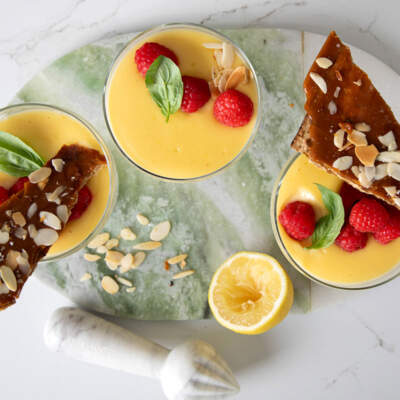 Lemon posset with matzah brittle