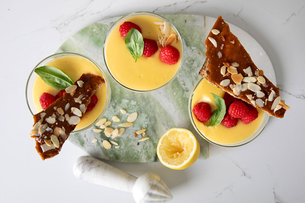 Lemon posset with matzah brittle