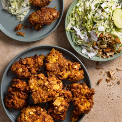 Nacho-fried chicken with coconut-apple slaw