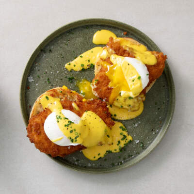 Pork schnitzel eggs Benedict