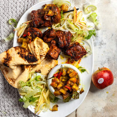 Curried apple chutney with pork belly espetadas